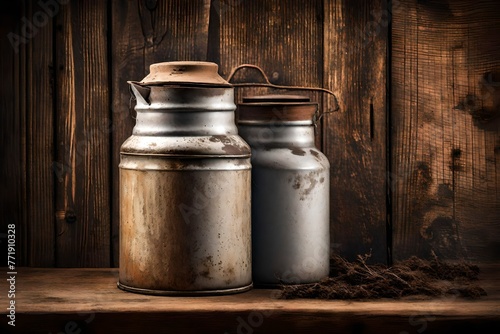 A vintage milk canister against a weathered wooden background, rustic and nostalgic. © WOW