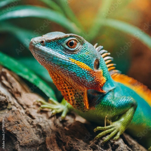 Vivid Marvel  Beautiful Colorful Lizard Basks in Sunlight  Natural Habitat Close-up