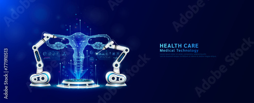 Robot arms operating healing female uterus on the podium. Robotic surgery. Machine surgeon in health care and diagnose disease. Modern medical technologies innovation concept. Banner vector EPS10.