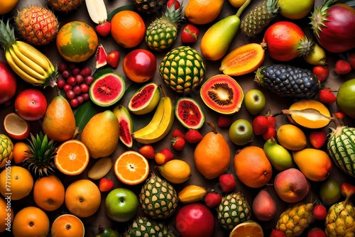 The vibrant colors and unique shapes of an assortment of tropical fruits  inviting and appetizing.