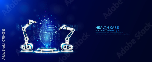 Robot arms operating healing human heart on the podium. Robotic surgery. Machine surgeon in health care and diagnose disease. Modern medical technologies innovation concept. Banner vector EPS10.