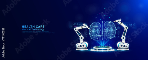 Robot arms operating healing kidney on the podium. Robotic surgery. Machine surgeon in health care and diagnose disease. Modern medical technologies innovation concept. Banner vector EPS10.