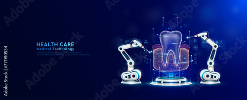Robot arms operating healing gum teeth on the podium. Robotic surgery. Machine surgeon in health care and diagnose disease. Modern medical technologies innovation concept. Banner vector EPS10.