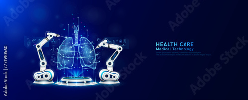 Robot arms operating healing human lung on the podium. Robotic surgery. Machine surgeon in health care and diagnose disease. Modern medical technologies innovation concept. Banner vector EPS10.