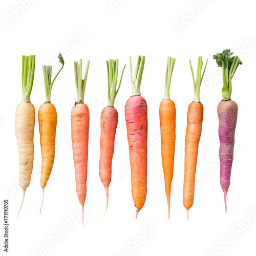 Colorful row of carrots, a variety of Arracacia xanthorrhiza, on transparent background photo