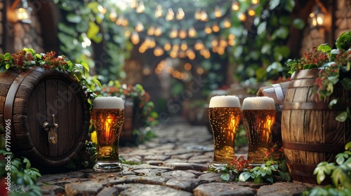 glass of beer on wooden table ,The bar beer is in the garden There is a special time for drinking.