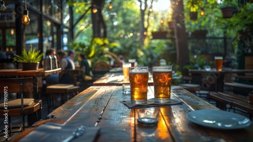 glass of beer on wooden table ,The bar beer is in the garden There is a special time for drinking.