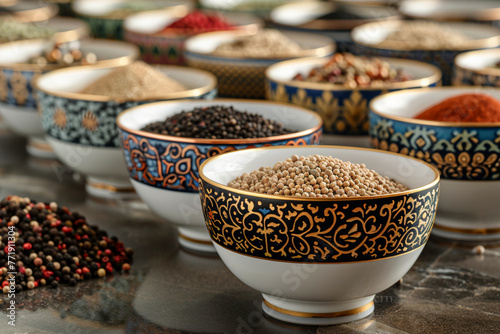 Create a conceptual image of abstract food spices presented in elegant porcelain bowls with intricate patterns and gold accents, evoking a sense of luxury and refinement