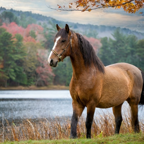 Copper Bay Roan Horse By A Lake photo