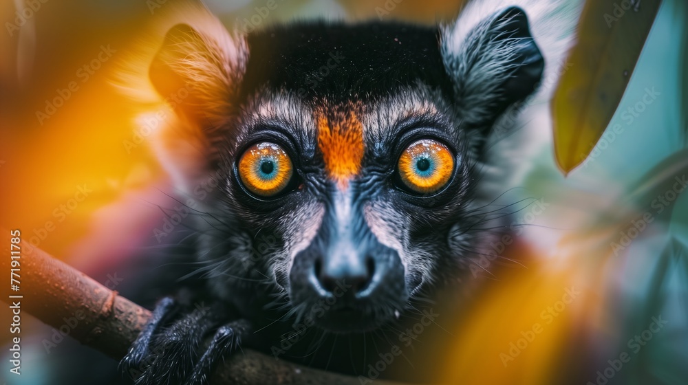 Fototapeta premium Intense Eyes of a Lemur in the Wild. Lemur clings to a tree, peering out with striking orange eyes that stand out in the lush jungle environment.