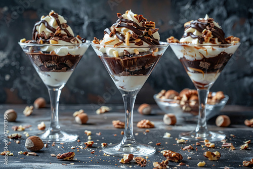 Design an abstract composition featuring ice cream sundaes served in martini glasses, layered with decadent toppings like chocolate ganache, caramelized nuts, and whipped cream, for an indulgent  photo