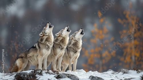 Wolves Howling in Winter Snowfall. A pack of wolves tilts their heads upward, howling in unison against a backdrop of gentle snowfall and autumnal trees. photo