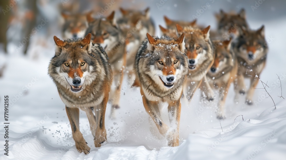 Wolf Pack Running Through Snowy Forest. Dynamic pack of wolves charges through a snow-covered forest, showcasing the wild beauty of these majestic canines in winter. Wolf Pack Running Through Snowy Forest. Dynamic pack of wolves charges through a snow-covered forest, showcasing the wild beauty of these majestic canines in winter.