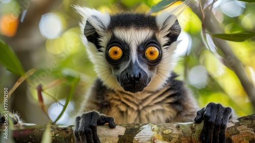 Curious Lemur Peering Through Trees. Wide-eyed lemur clings to a tree, its striking eyes gazing curiously through the lush foliage of its forest home.