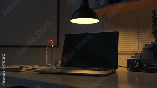 Laptop and a bottle of water on a desk, soft overhead light, neat setup , High details