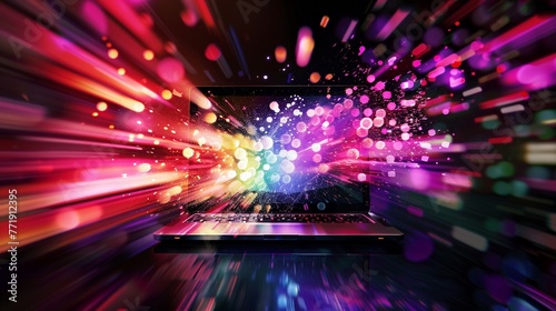 Laptop in a beam of abstract colorful lights, dark background, central composition , High details