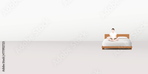 Young man sitting on bed in the morning vector illustration have blank space.