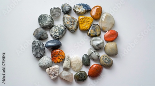 Collection of polished stones arranged in a perfect circle on a bright white canvas.