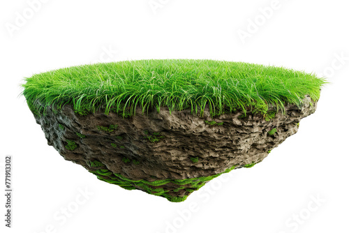 3d illustration Floating slice of land with green grass surface and soil section. isolated on white background, png