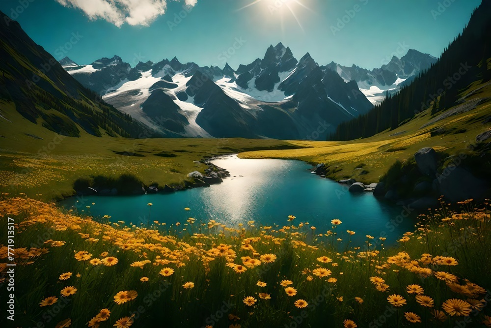 Obraz premium A tranquil river winding through a vibrant meadow, with wildflowers blooming along its banks.