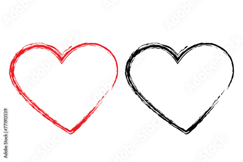 Black and red heart shape of chalk brush stroke. Love holidays greetings design concept. Set of 2