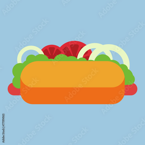 hot dog with lettuce, onion and tomatoes in a flat style