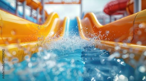 3D illustration capturing the rush of descending a water slide, with water splashing around in lifelike detail