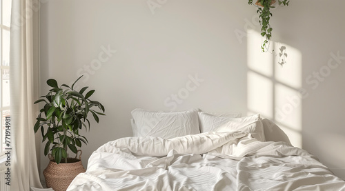 Warm and inviting white bedroom interior with bed headboard, linen bedding, and natural decorations
