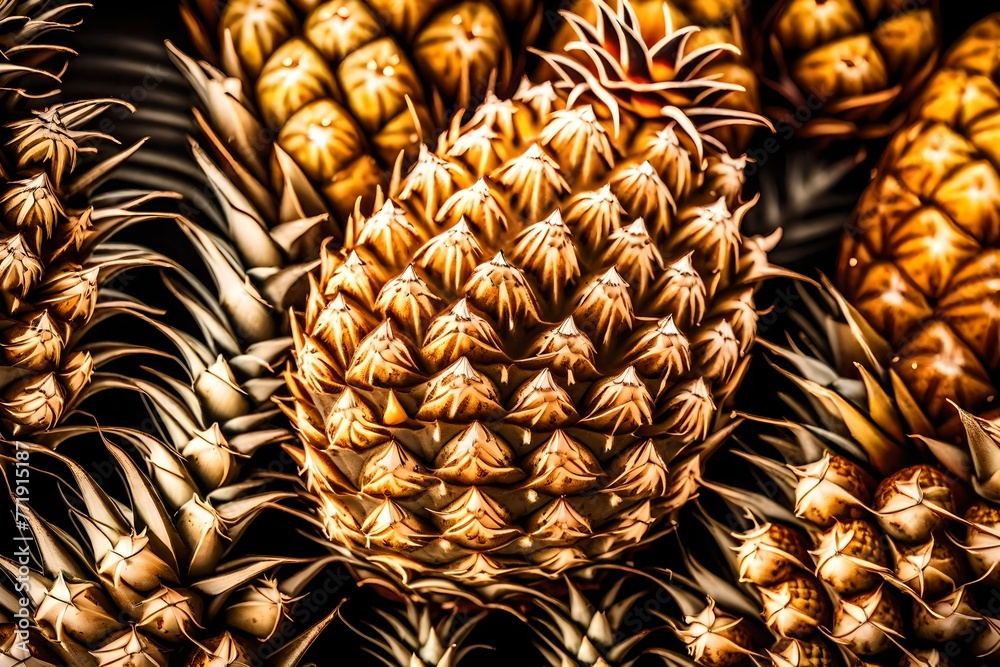 A macro shot capturing the intricate details and golden hues of a ripe pineapple.