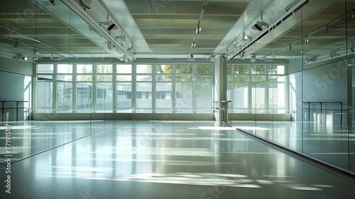 Dance studio with mirrored walls, ballet barres, and sprung floors, ideal for rehearsals and performances. photo