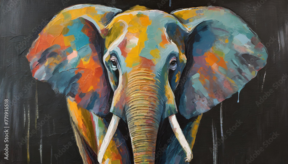 Obraz premium Oil elephant portrait painting in multicolored tones. Conceptual abstract painting of a elephant on the black background on canvas.