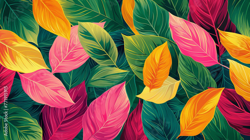 floral pattern of intertwined intricate leaves in pink  green and yellow. Abstract leaf design  vector illustration background crafted for textile or print. 