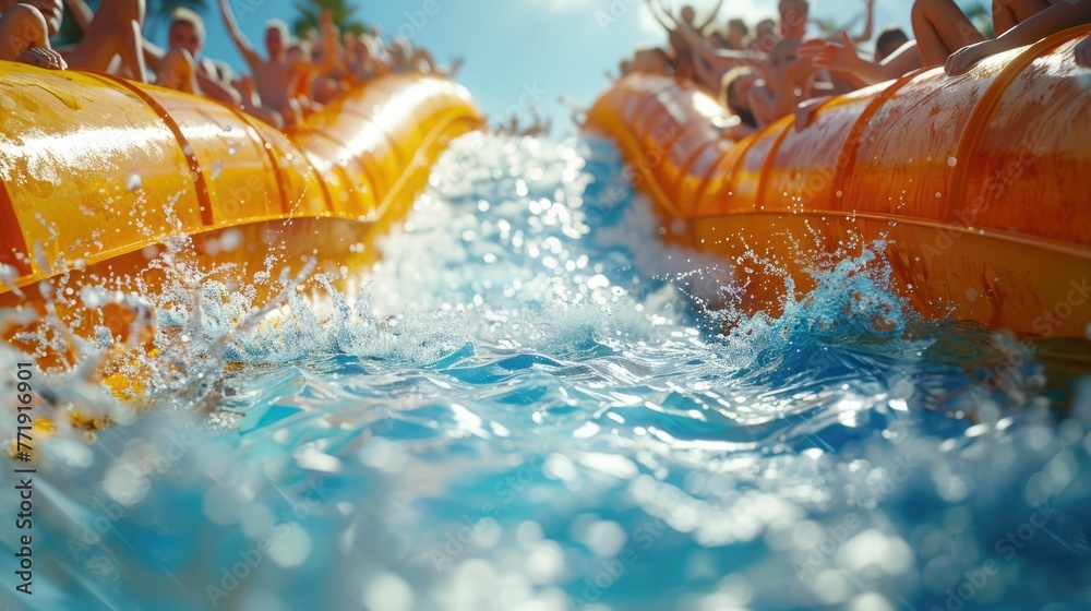 3D illustration of an epic water slide race, with viewers cheering from ...