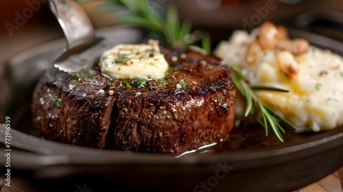 Seared Filet Mignon Steak with Rosemary Butter and Herbed Potatoes - A Savory Culinary Delight for the Discerning Epicure