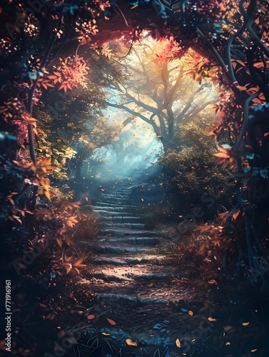 Serene Autumn Path Through Enchanting Woodland Landscape with Vibrant Foliage and Sunlit Ambiance