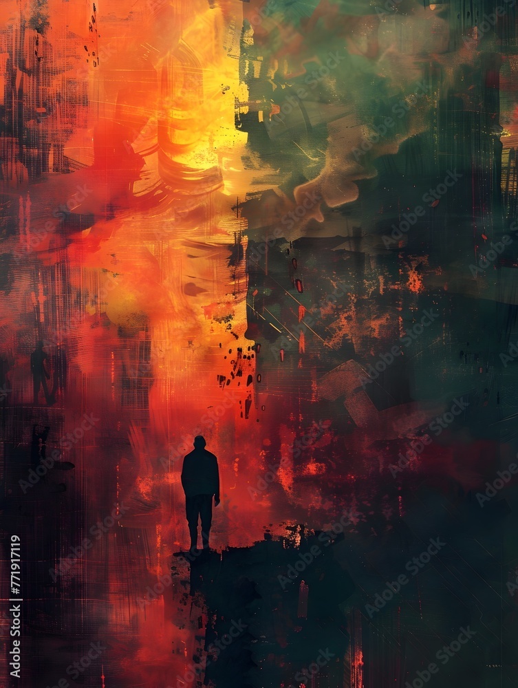 Solitary Figure Silhouetted Against a Dramatic,Fiery Apocalyptic Landscape