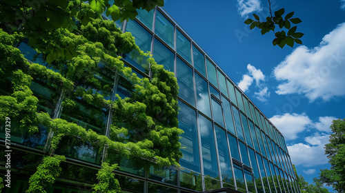 Modern green building with trees in blue sky background. Skyscraper for office,estate or residential apartment. Eco-friendly sustainable building architecture to reduce carbon dioxide (CO2). Vertical 