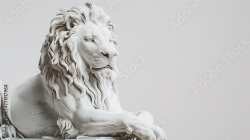 Majestic lion statue captured in pristine white against a clean background. photo