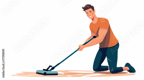 Young smiling man sweeping the floor house husband