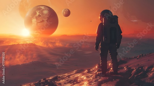 An astronaut in a spacesuit stands on the sandy surface of an alien planet, gazing at a breathtaking sunset with multiple moons in the sky.