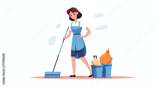 Young woman housewife cleaning the floor with a mop