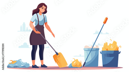 Young woman housewife cleaning the floor with a mop