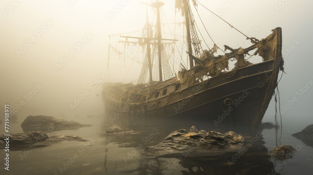 A spectral shipwreck fading in and out of view in the mist - obrazy, fototapety, plakaty 