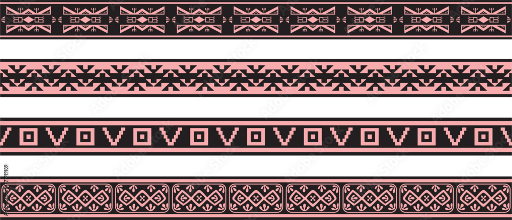 Vector set of pink and black Native American ornamental seamless borders. Framework of the peoples of America, Aztecs, Maya, Incas.. Vector set of pink and black Native American ornamental seamless borders. Framework of the peoples of America, Aztecs, Maya, Incas..