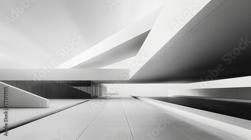 3D render of minimalist building, sleek lines, monochrome palette, sharp angles, clean design photo