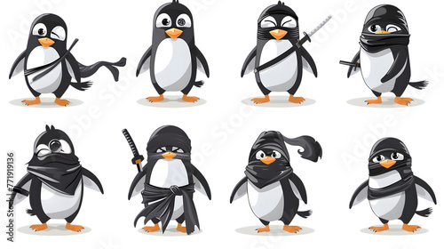 A series of penguin cartoon characters dressed in ninja outfits