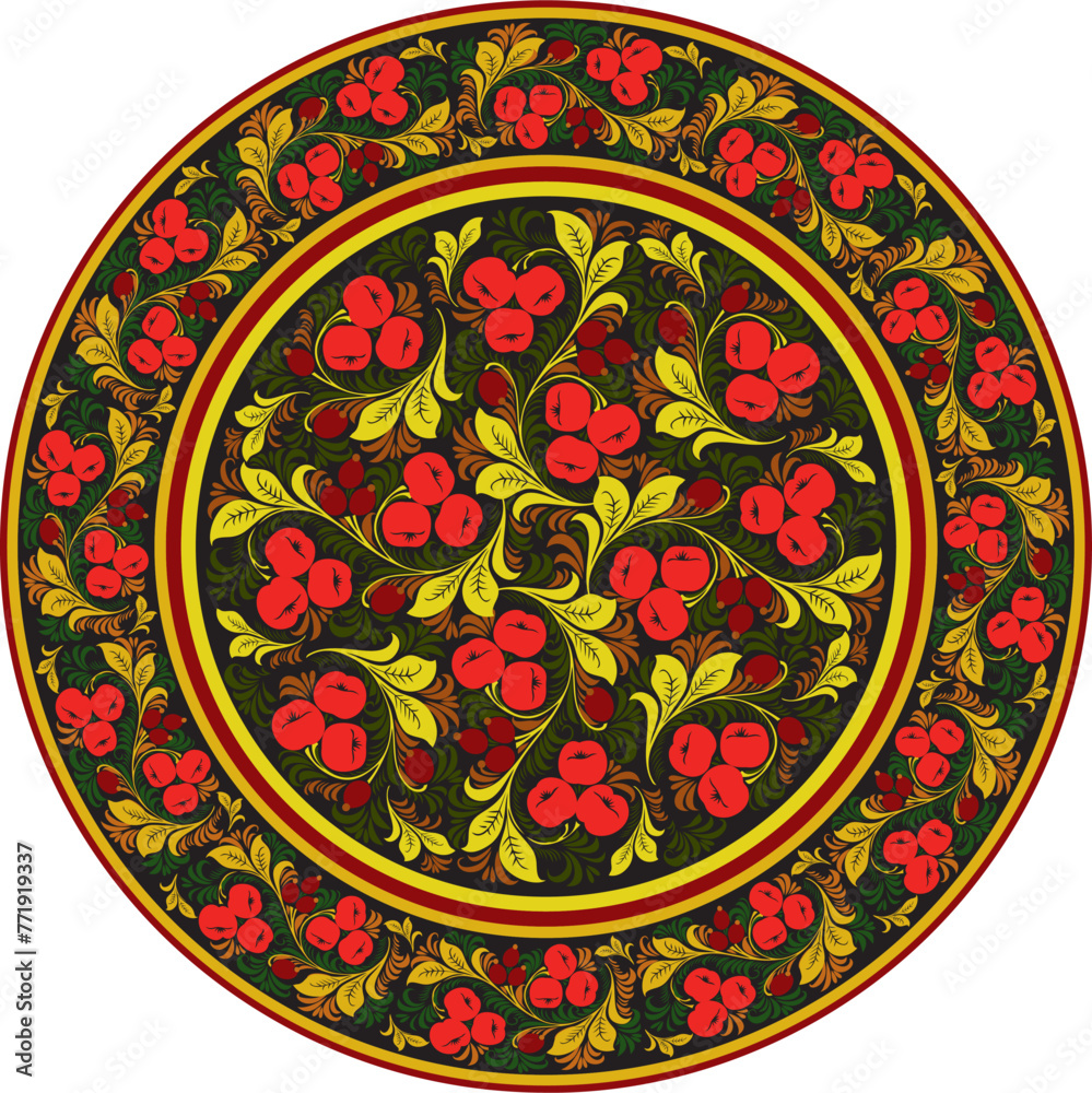 Vector colored round Russian folk ornament Khokhloma. National endless circle, tray, plate of Slavic peoples, Belarusians, Ukrainians..