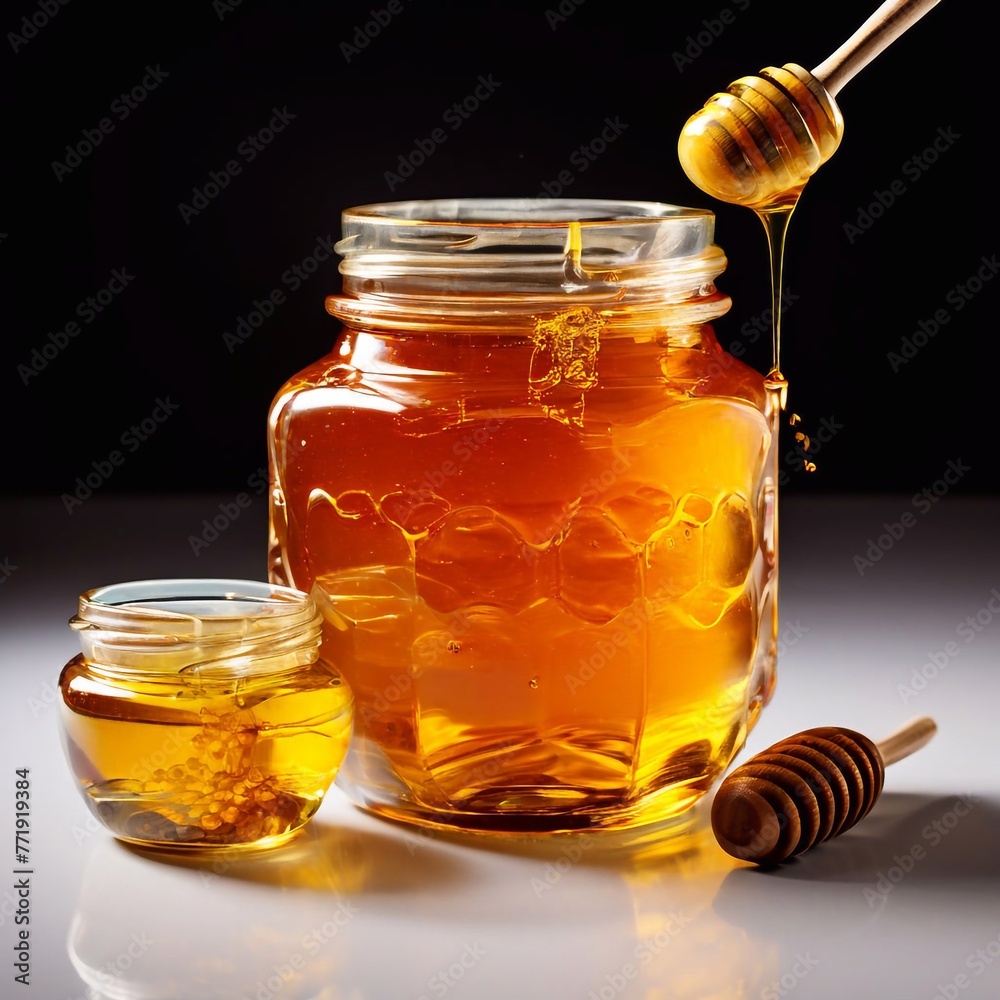 jar of honey with wooden dipper jar of honey with wooden dipper