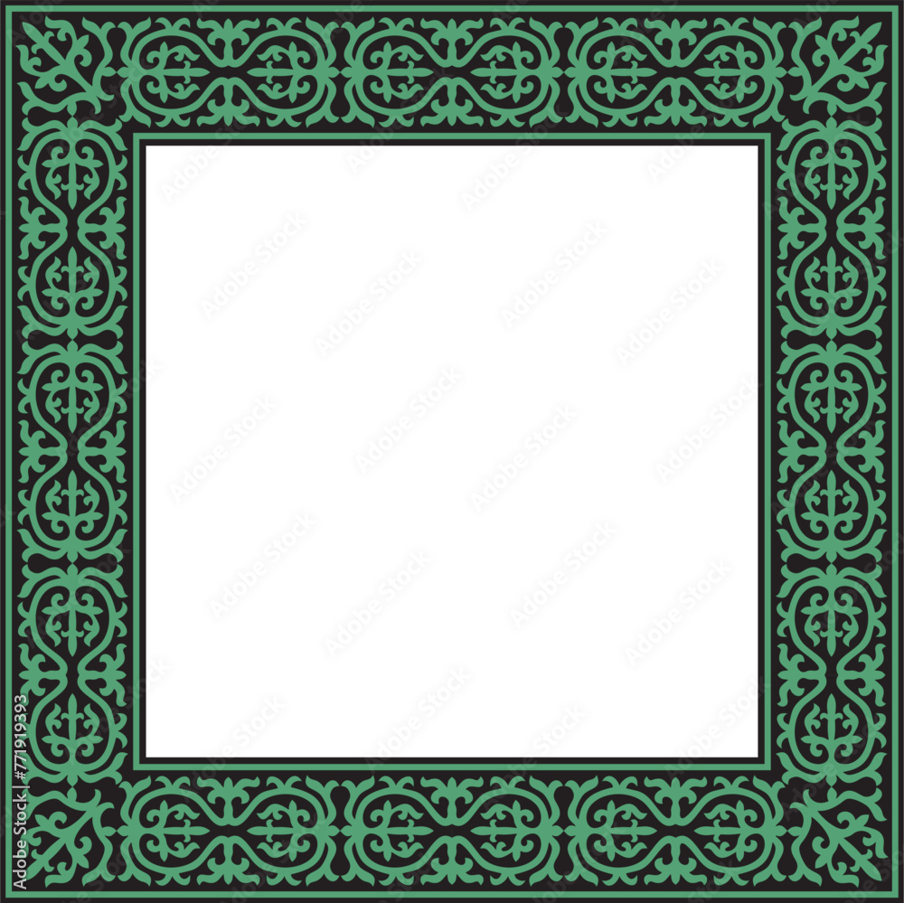 Vector green with black Square Kazakh national ornament. Ethnic pattern of the peoples of the Great Steppe, .Mongols, Kyrgyz, Kalmyks, Buryats. Square frame border.