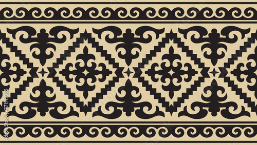 Vector golden and black seamless Kazakh national ornament. Ethnic endless pattern of the peoples of the Great Steppe, .Mongols, Kyrgyz, Kalmyks, Buryats. circle, frame border. photo